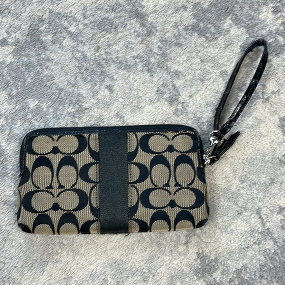 Coach Signature Stripe Double Zip Wristlet Pouch Wallet Black Gray - Picture 8 of 16